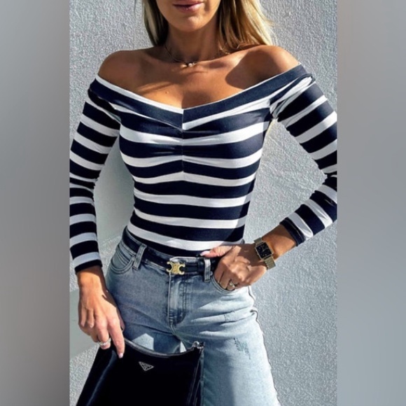 DANITA STRIPED FRONT RUCHED OFF SHOULDER BODYSUIT TOP - Picture 3 of 3